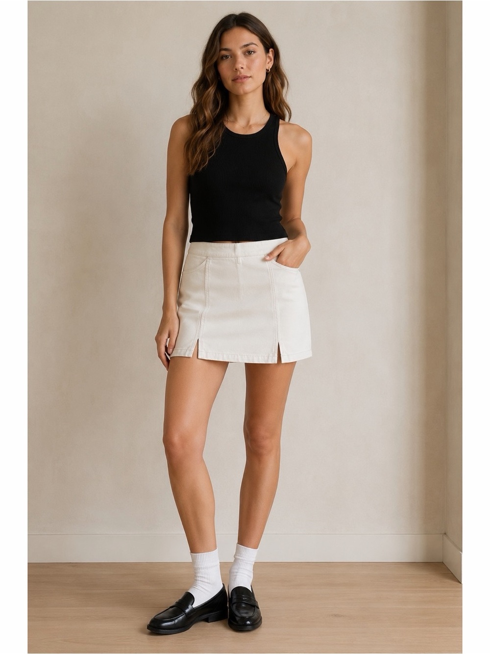 Sixxta Mini Denim Skirt Coastal Minimalist Preppy in Cream Size 6